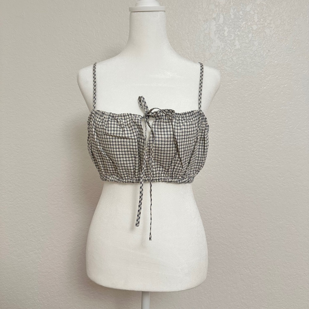 Cotton On Micro Top Womens Size 6 US Blue Black White Checkered Tie Front Cotton